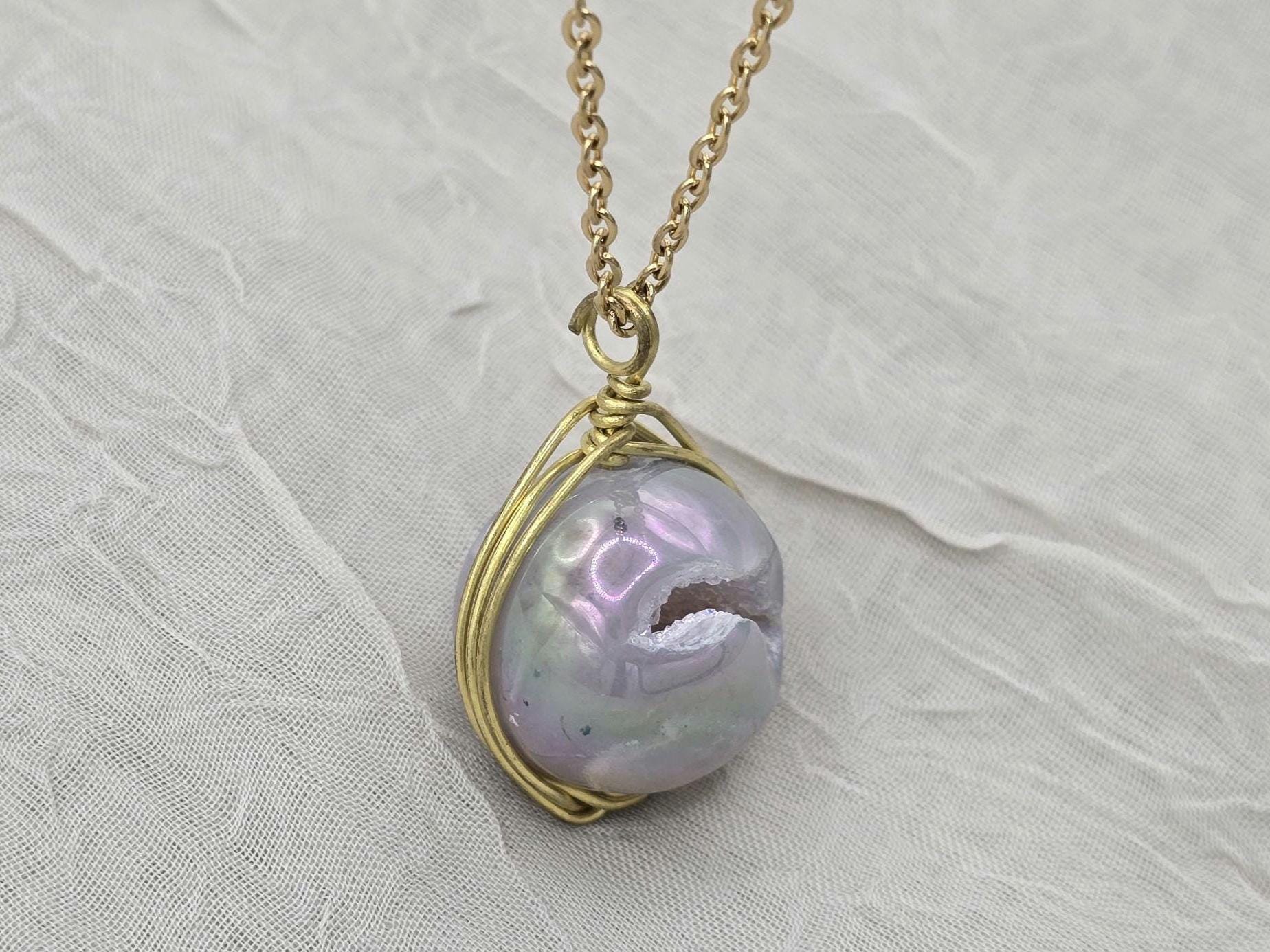 Pearl Necklace Geode Necklace Druzy Necklace Agate Diamond Crystal Natural Gemstone Quartz Gift for Women Girlfriend Wife Stone 20" Gold