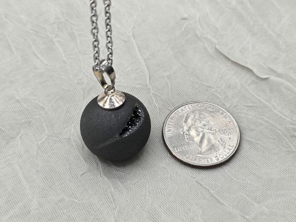 Black Geode Druzy Necklace, Gray Agate Jewelry, Diamond Crystal Gemstone, Quartz Gift for Girlfriend or Wife, 18" Stainless Steel