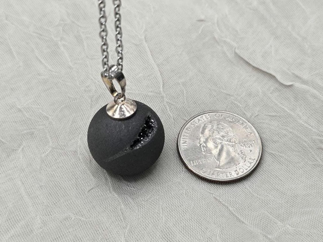 Black Geode Druzy Necklace, Gray Agate Jewelry, Diamond Crystal Gemstone, Quartz Gift for Girlfriend or Wife, 18" Stainless Steel