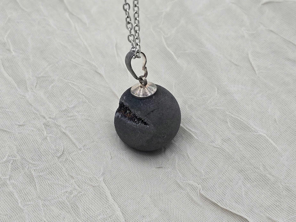 Black Druzy Geode Necklace, Gray Agate Jewelry, Black Diamond Crystal Quartz, Gift for Girlfriend or Wife, Stainless Steel