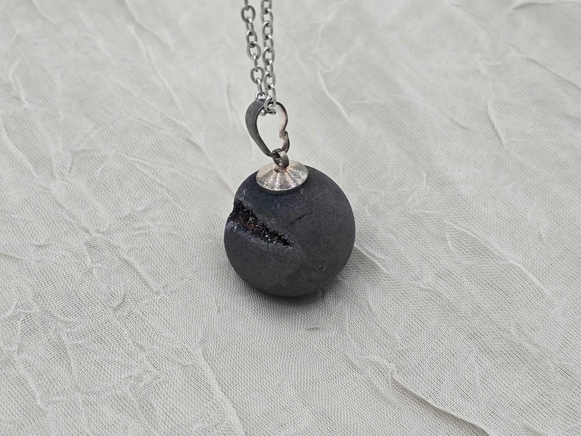 Black Druzy Geode Necklace, Gray Agate Jewelry, Black Diamond Crystal Quartz, Gift for Girlfriend or Wife, Stainless Steel