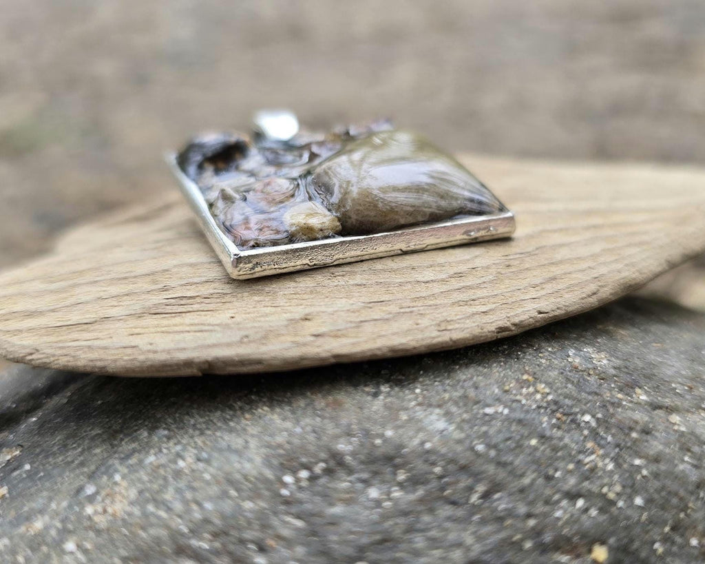 Petoskey Stone Large Square Necklace with Rocks from Lake Michigan & Lake Superior