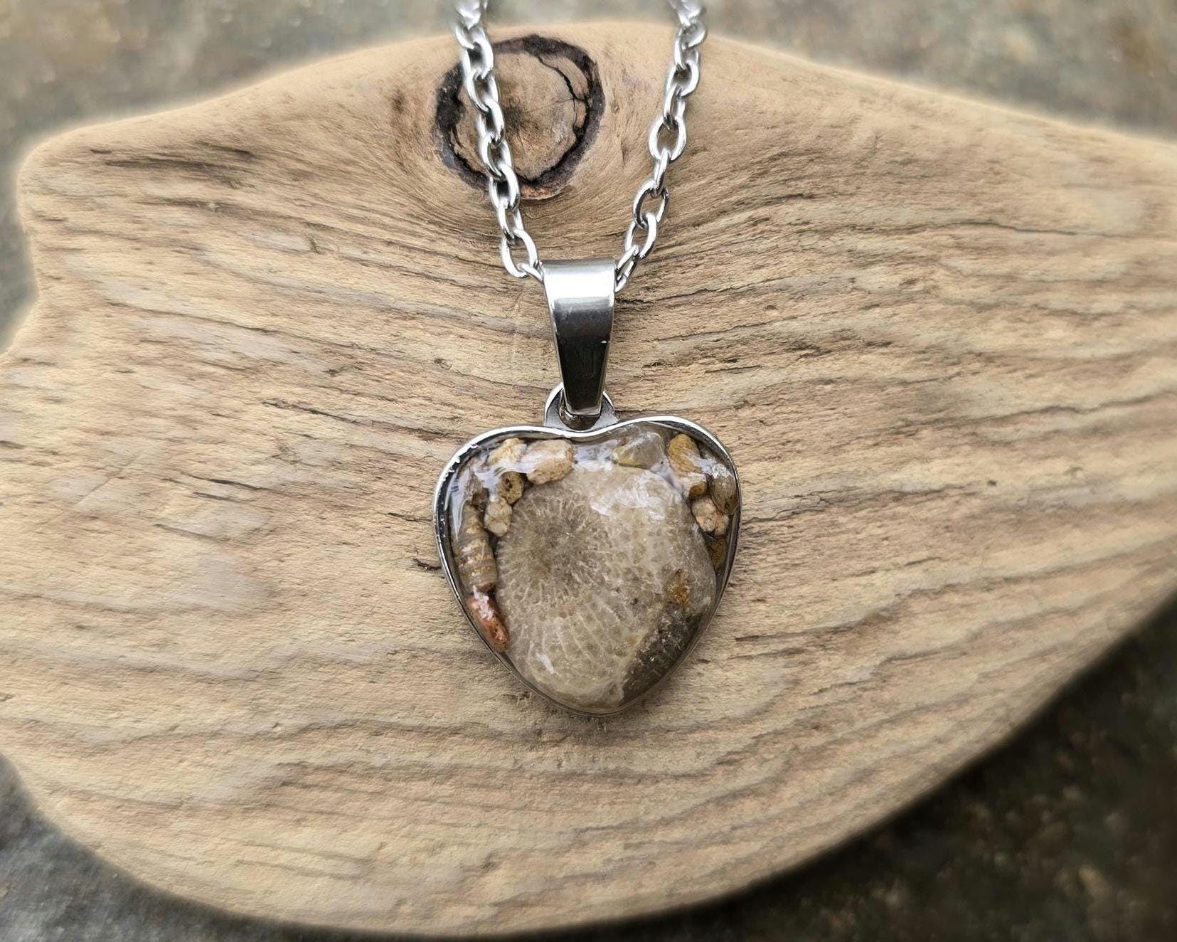 Petoskey Stone Heart Necklace, Rocks from Michigan Great Lakes