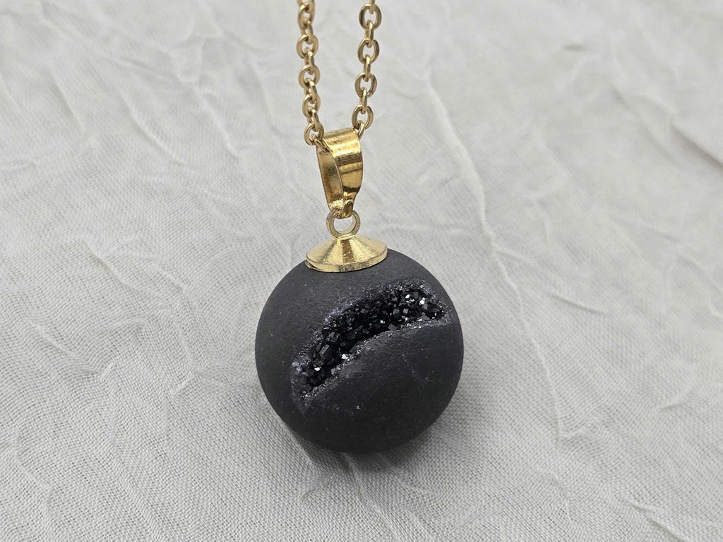 Black Druzy Geode Necklace, Agate Diamond Crystal, Natural Gemstone Quartz, Gift for Girlfriend or Wife, 20" Gold