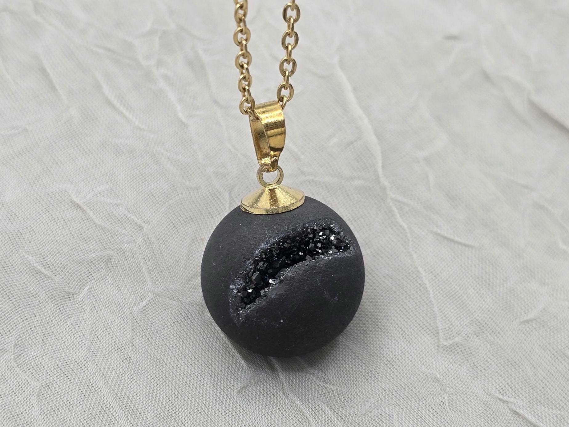 Black Druzy Geode Necklace, Agate Diamond Crystal, Natural Gemstone Quartz, Gift for Girlfriend or Wife, 20" Gold