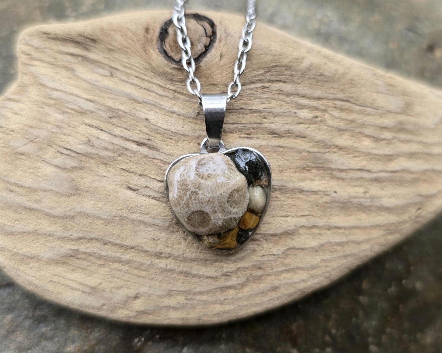 Petoskey Stone Small Heart Necklace with Rocks from Michigan Great Lakes