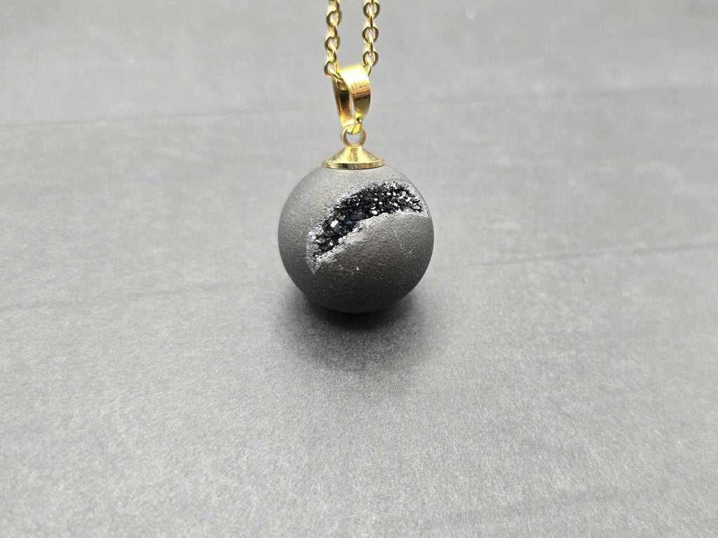 Black Druzy Geode Necklace, Agate Diamond Crystal, Natural Gemstone Quartz, Gift for Girlfriend or Wife, 20" Gold