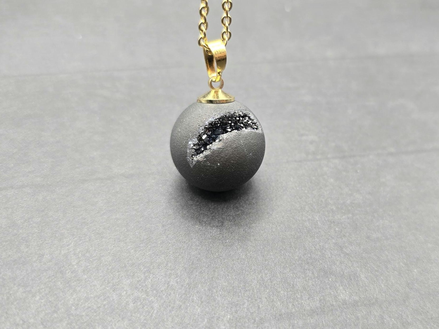 Black Druzy Geode Necklace, Agate Diamond Crystal, Natural Gemstone Quartz, Gift for Girlfriend or Wife, 20" Gold