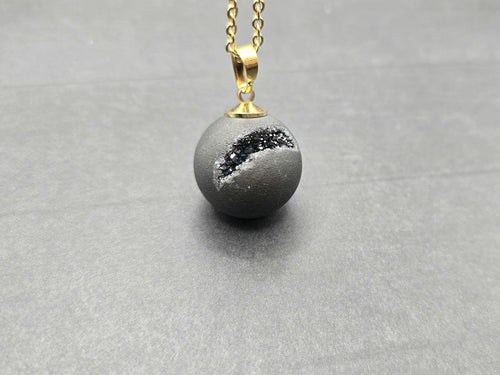Black Druzy Geode Necklace, Agate Diamond Crystal, Natural Gemstone Quartz, Gift for Girlfriend or Wife, 20" Gold