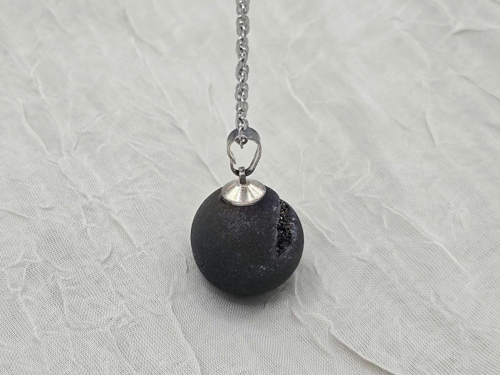 Black Druzy Geode Necklace, Gray Agate Jewelry, Black Diamond Crystal Quartz, Gift for Girlfriend or Wife, Stainless Steel