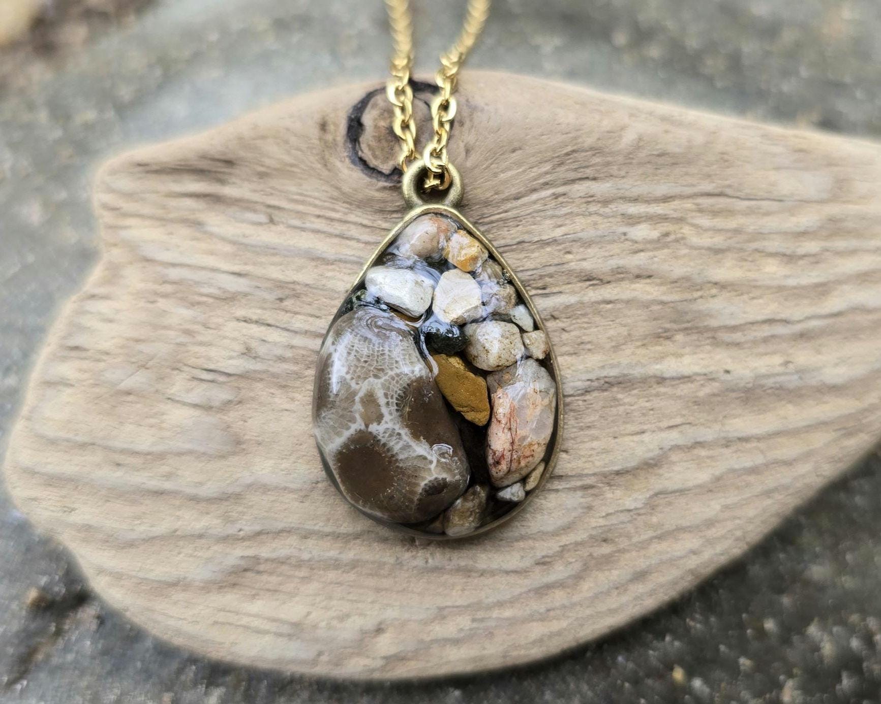 Petoskey Stone Antique Teardrop Necklace with Collection of Rocks from Lake Michigan & Lake Superior