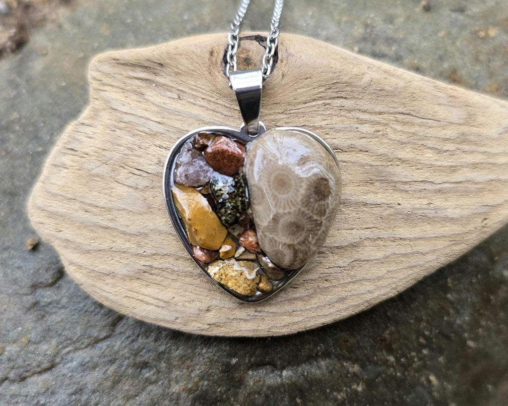 Petoskey Stone Heart Necklace, Rocks from Lake Michigan & Lake Superior