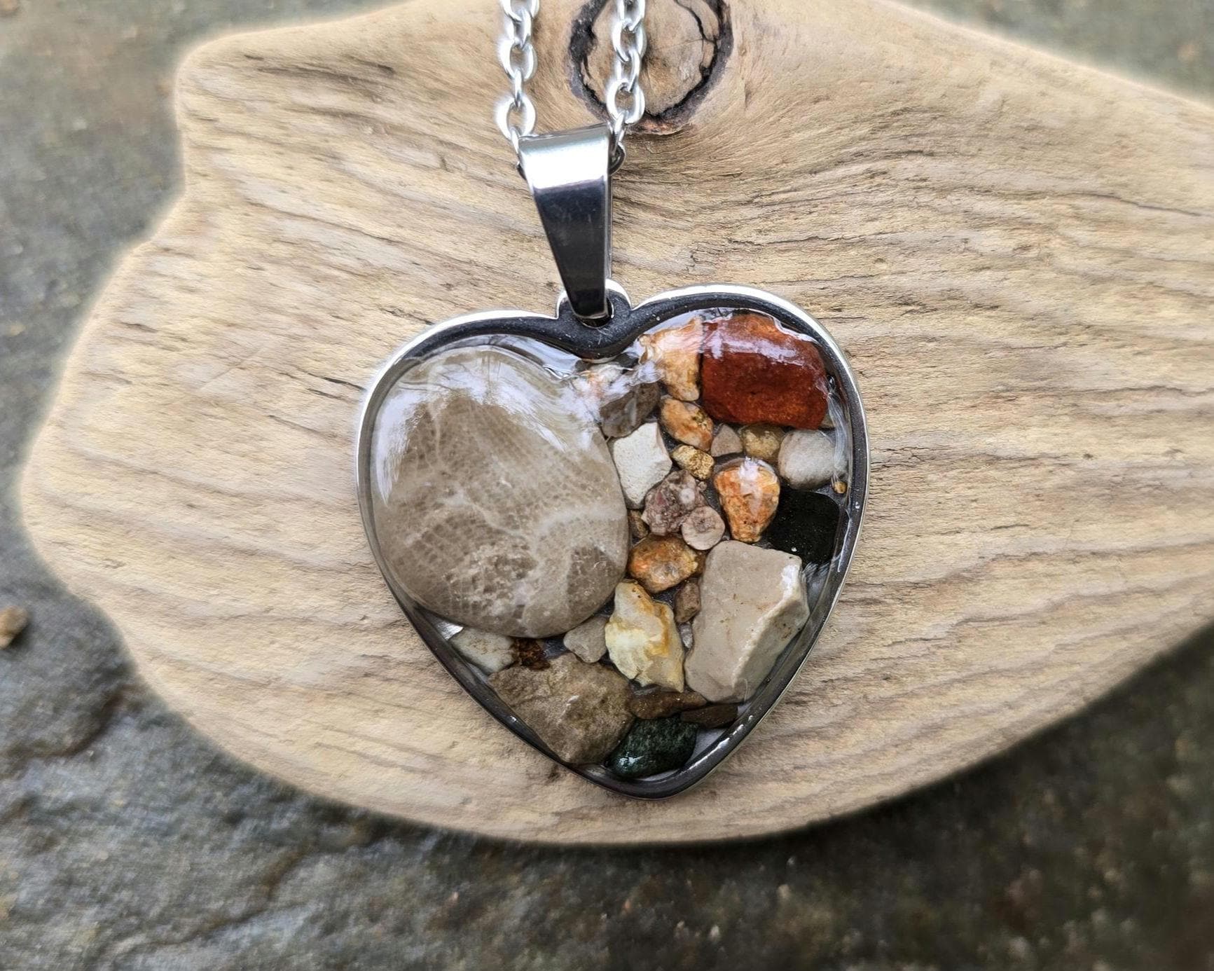 Petoskey Stone Heart Necklace, Rocks from Lake Michigan & Lake Superior