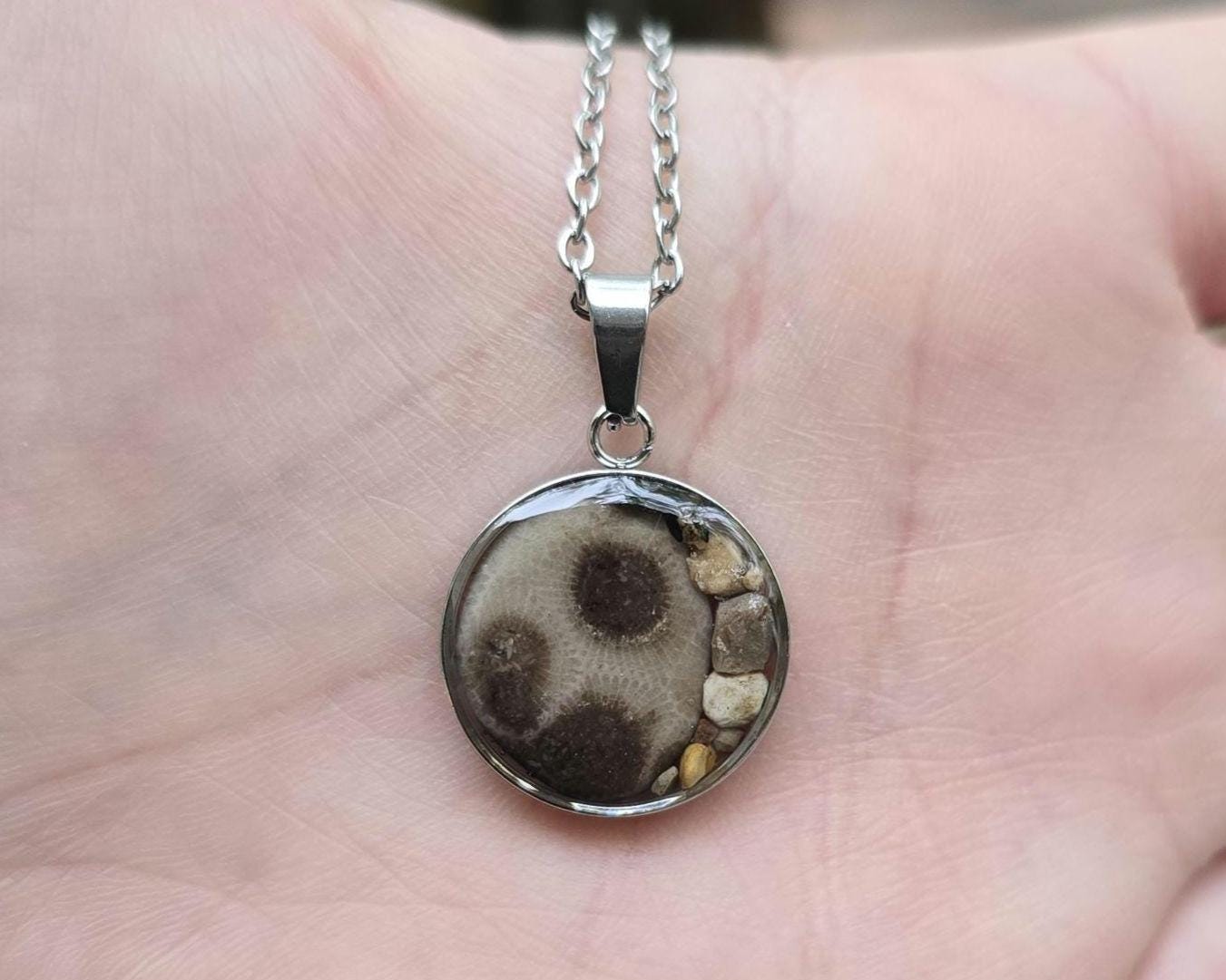 Petoskey Stone Necklace, Great Lakes Rocks, Gift for Rockhunter, Stainless Steel