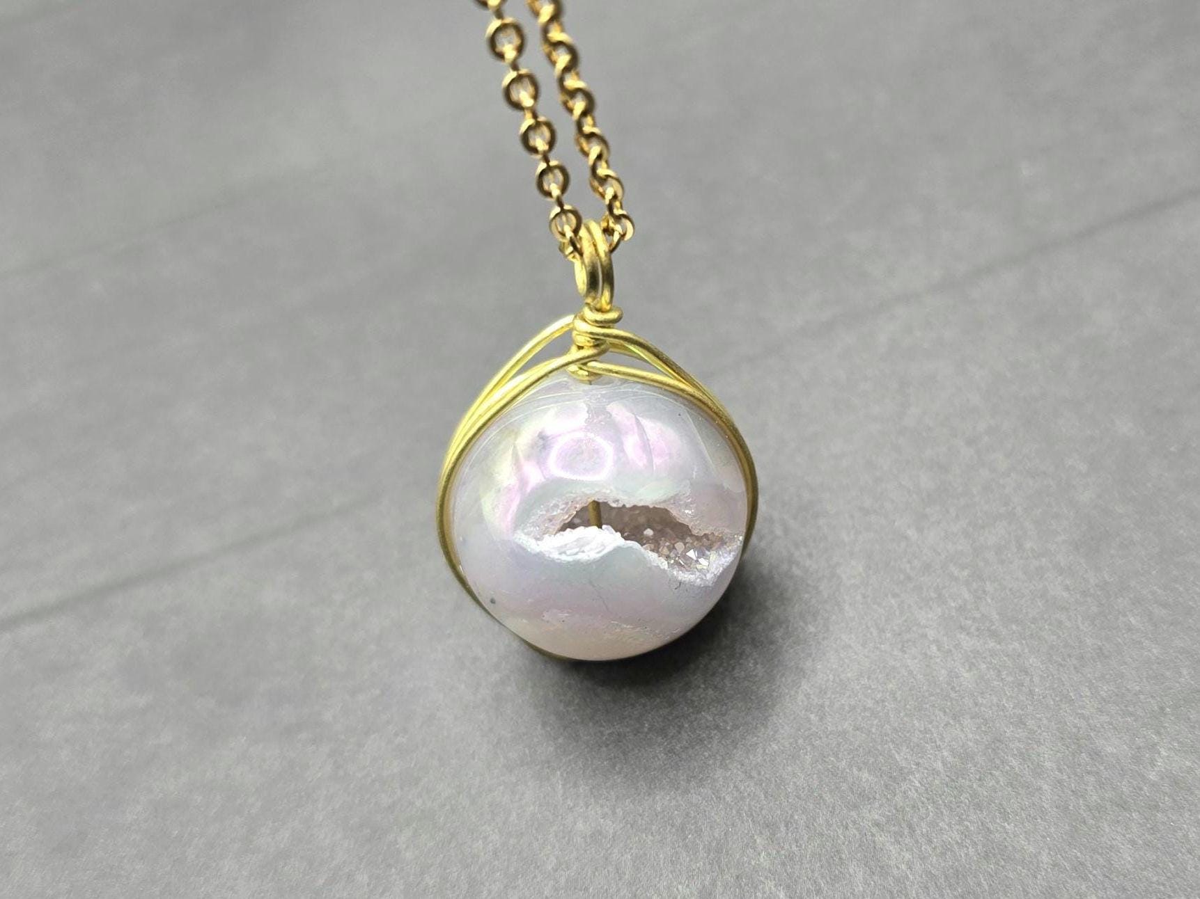 Pearl Necklace Geode Necklace Druzy Necklace Agate Diamond Crystal Natural Gemstone Quartz Gift for Women Girlfriend Wife Stone 20" Gold
