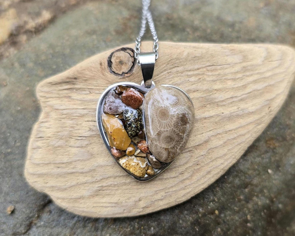 Petoskey Stone Heart Necklace, Rocks from Lake Michigan & Lake Superior