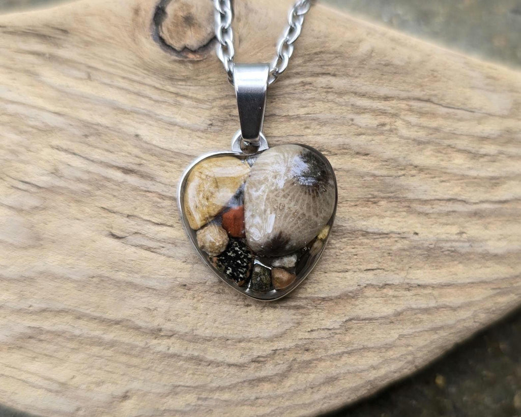 Petoskey Stone Small Heart Fossil Necklace with Rocks from Michigan Great Lakes