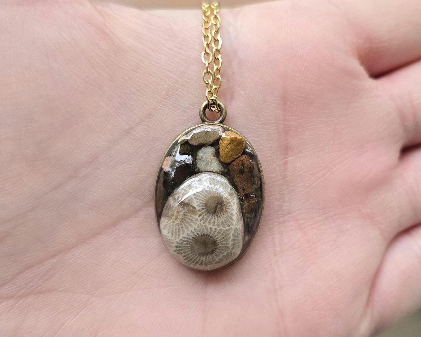 Petoskey Stone Antique Oval Necklace with Collection of Rocks from the Michigan Great Lakes