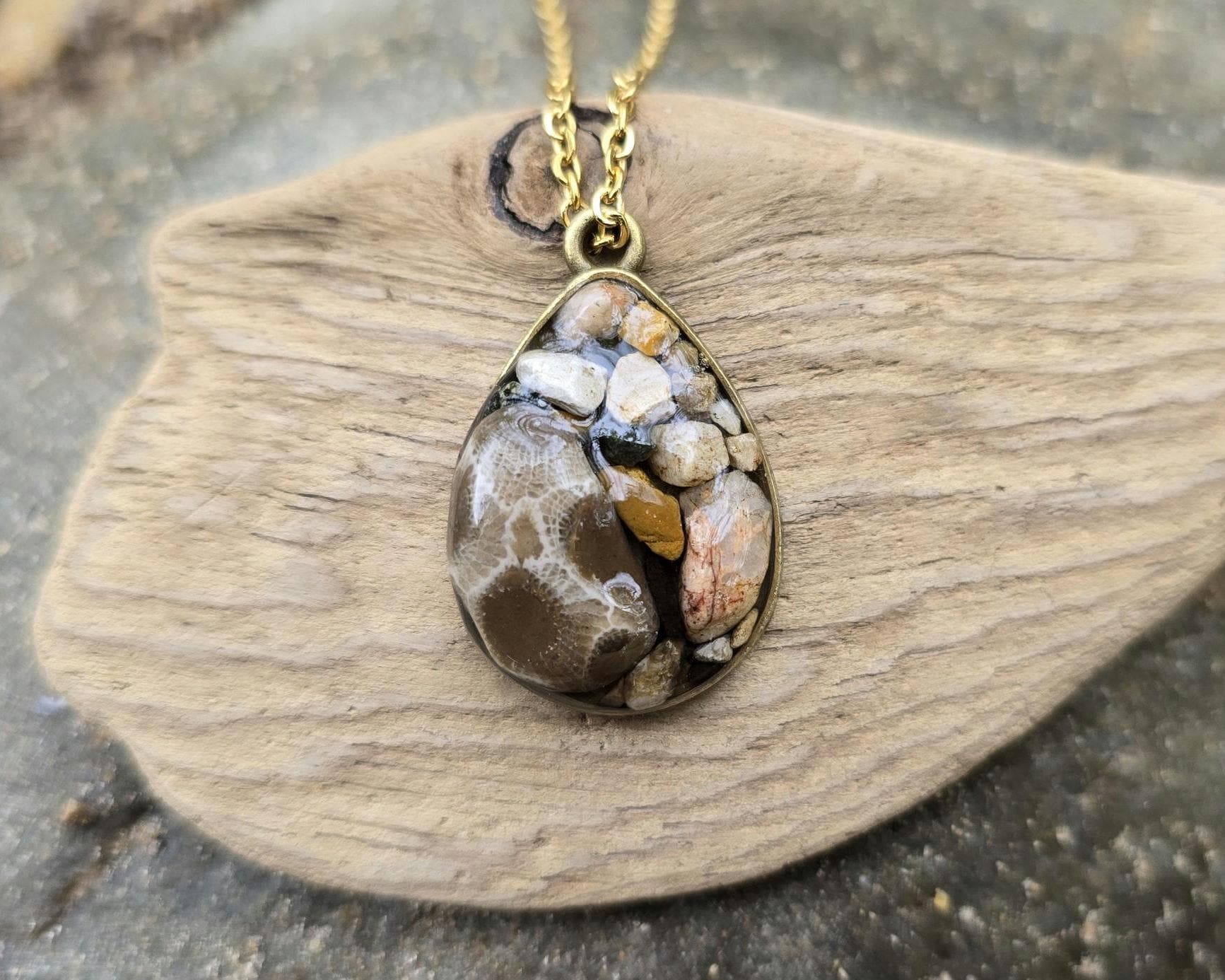 Petoskey Stone Antique Teardrop Necklace with Collection of Rocks from Lake Michigan & Lake Superior