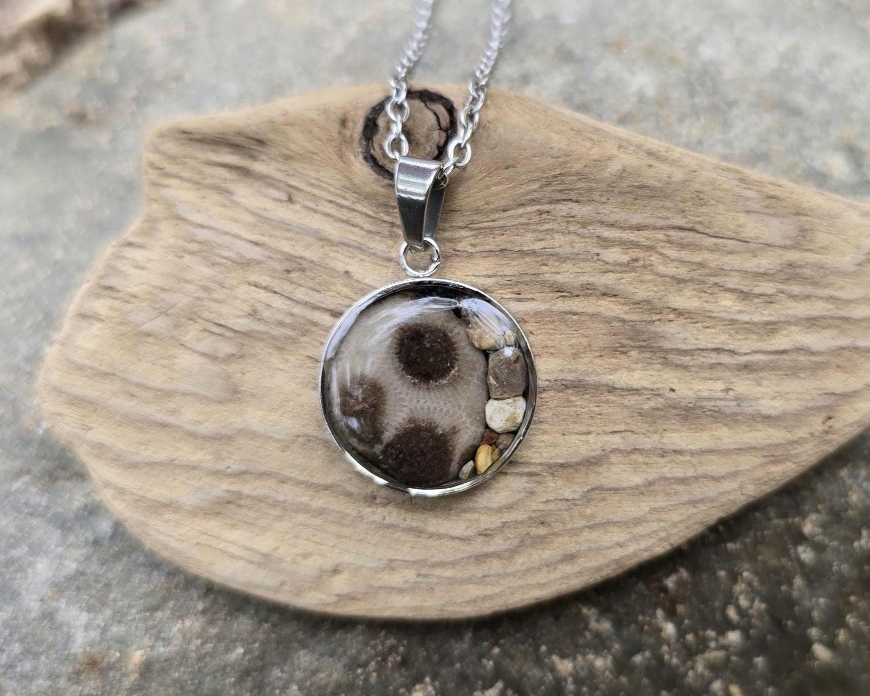 Petoskey Stone Necklace, Great Lakes Rocks, Gift for Rockhunter, Stainless Steel