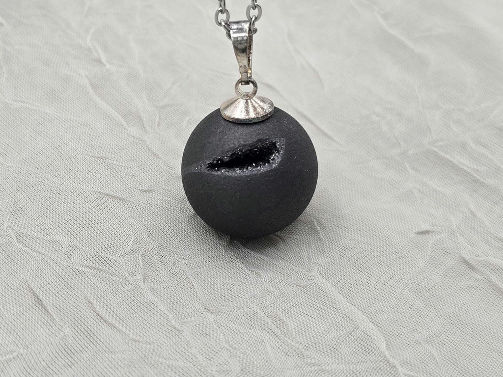 Black Geode Druzy Necklace, Gray Agate Jewelry, Diamond Crystal Gemstone, Quartz Gift for Girlfriend or Wife, 18" Stainless Steel