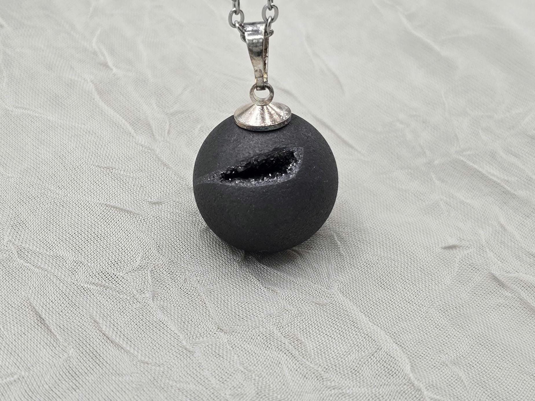 Black Geode Druzy Necklace, Gray Agate Jewelry, Diamond Crystal Gemstone, Quartz Gift for Girlfriend or Wife, 18" Stainless Steel