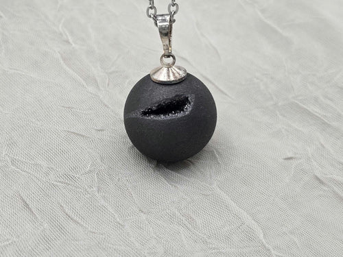 Black Geode Druzy Necklace, Gray Agate Jewelry, Diamond Crystal Gemstone, Quartz Gift for Girlfriend or Wife, 18" Stainless Steel