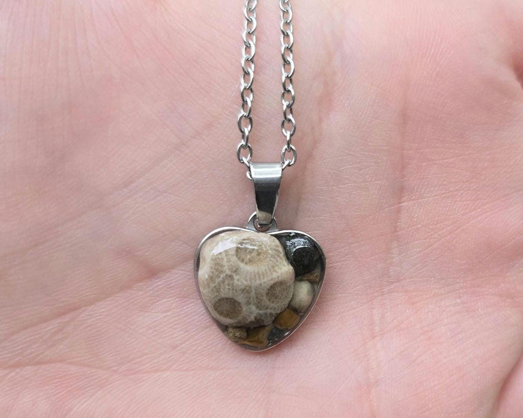 Petoskey Stone Small Heart Necklace with Rocks from Michigan Great Lakes