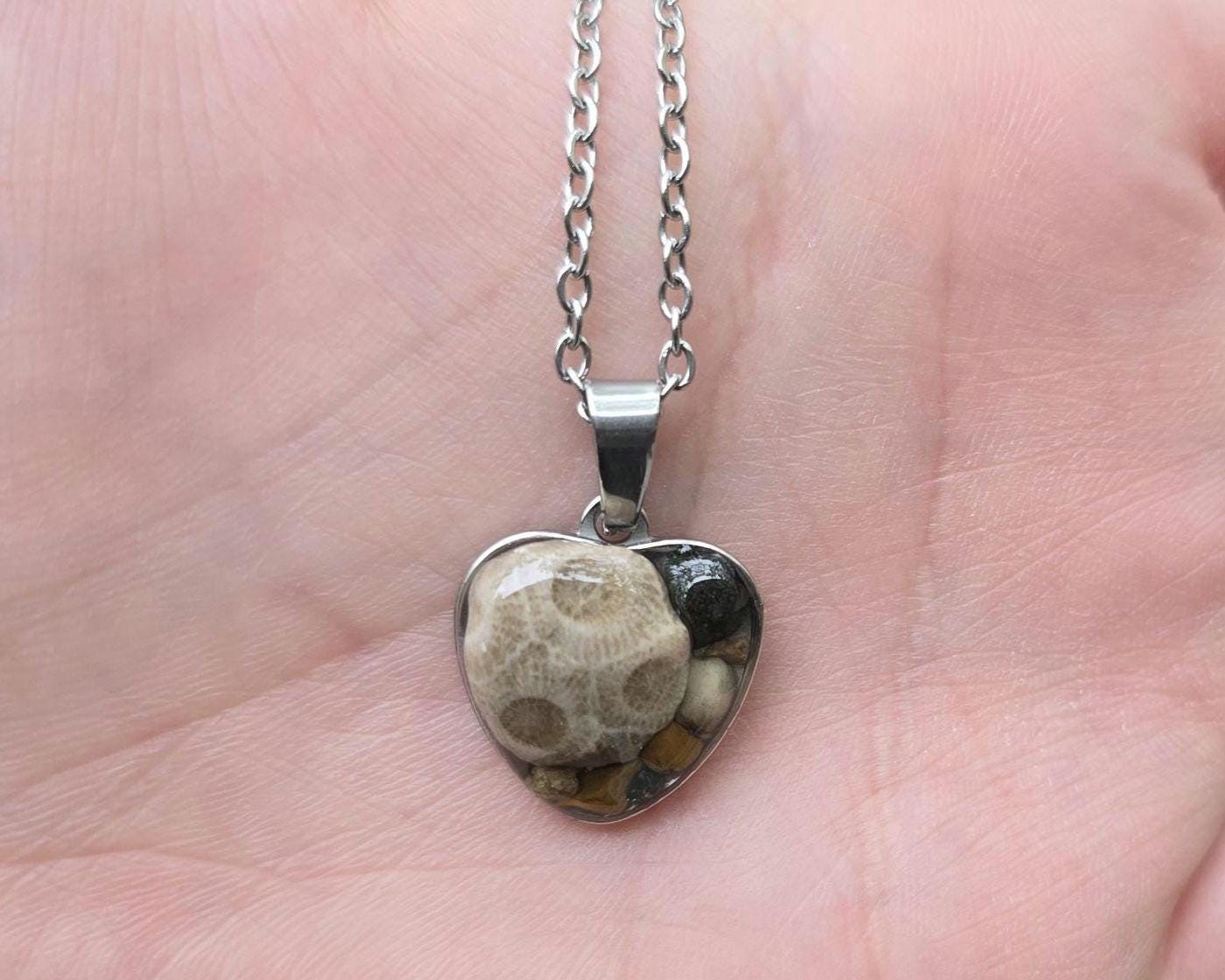 Petoskey Stone Small Heart Necklace with Rocks from Michigan Great Lakes