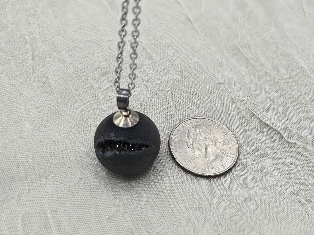 Black Druzy Geode Necklace, Gray Agate Jewelry, Black Diamond Crystal Quartz, Gift for Girlfriend or Wife, Stainless Steel