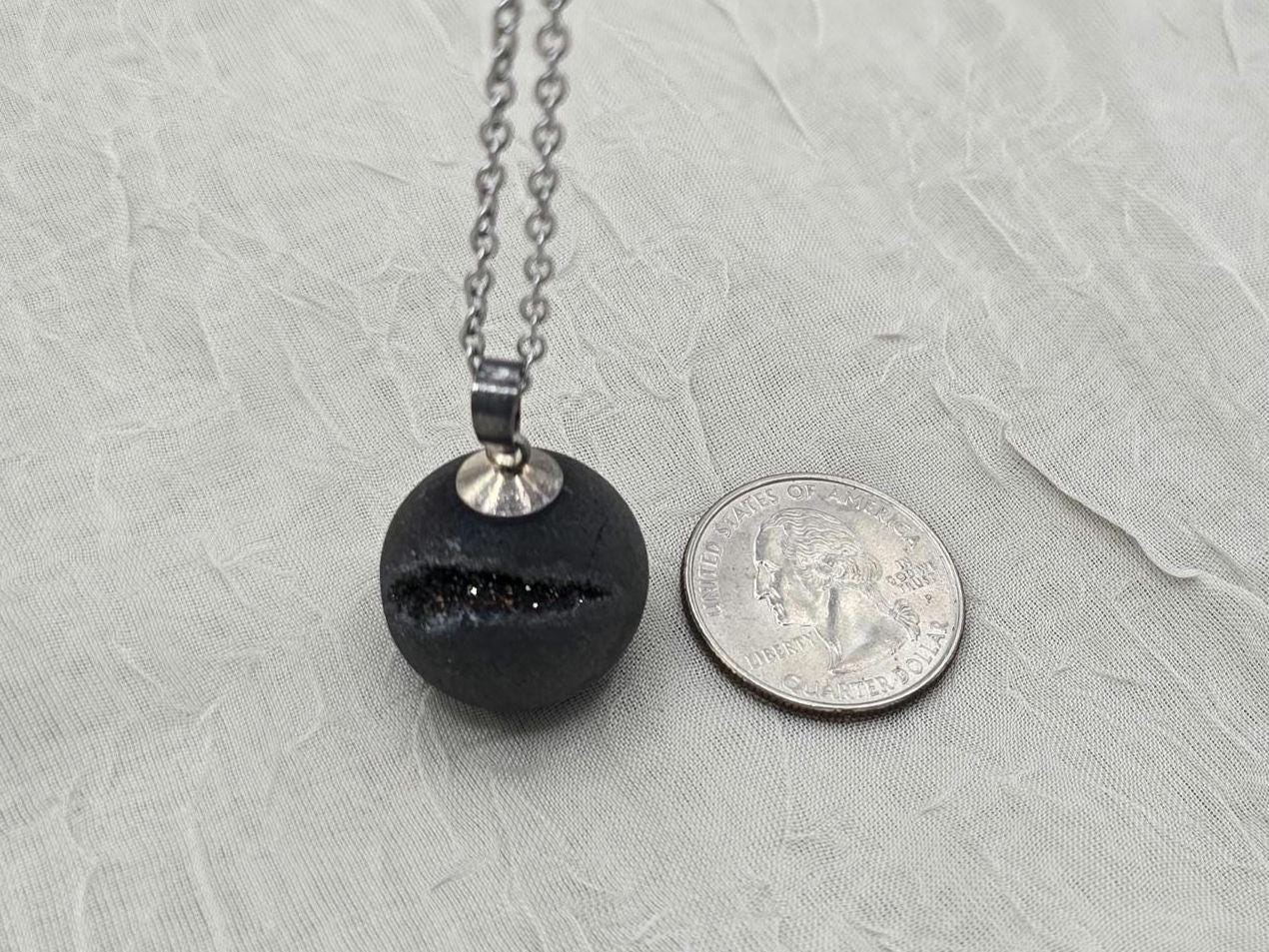Black Druzy Geode Necklace, Gray Agate Jewelry, Black Diamond Crystal Quartz, Gift for Girlfriend or Wife, Stainless Steel