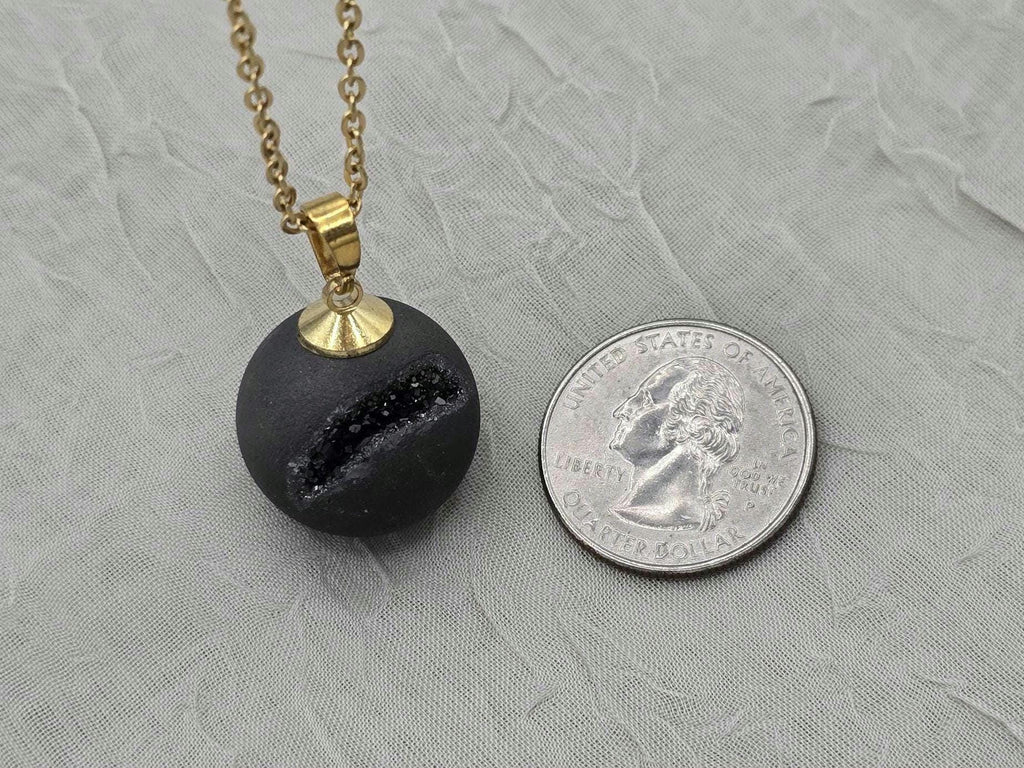 Black Druzy Geode Necklace, Agate Diamond Crystal, Natural Gemstone Quartz, Gift for Girlfriend or Wife, 20" Gold