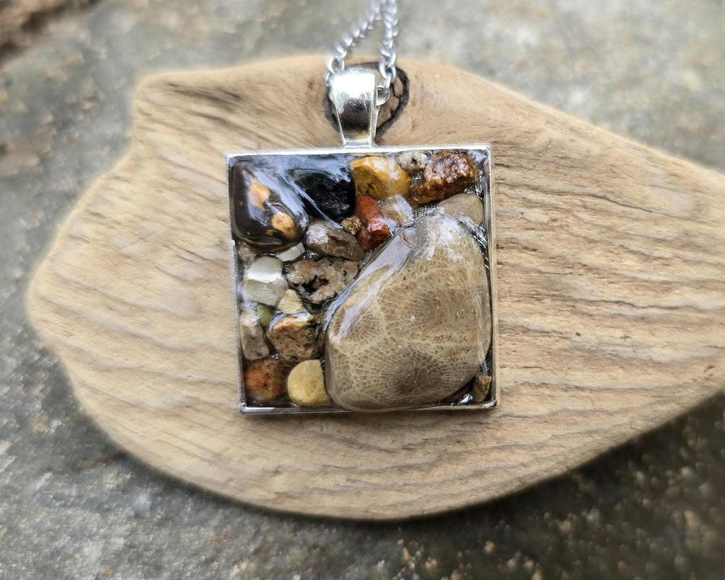 Petoskey Stone Large Square Necklace with Rocks from Lake Michigan & Lake Superior