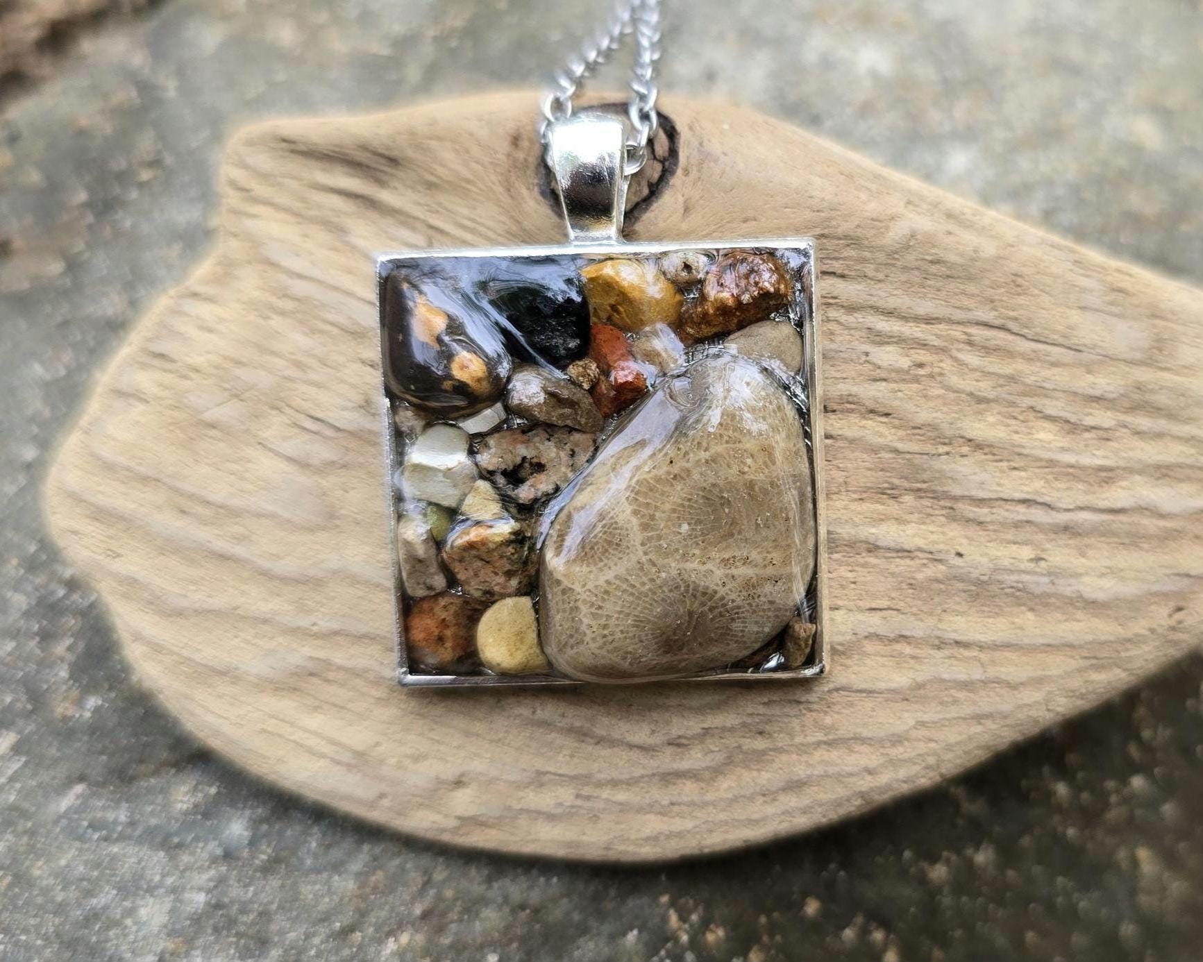 Petoskey Stone Large Square Necklace with Rocks from Lake Michigan & Lake Superior