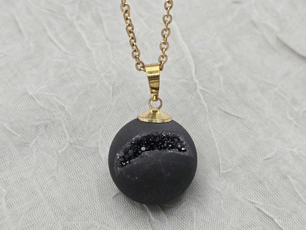 Black Druzy Geode Necklace, Agate Diamond Crystal, Natural Gemstone Quartz, Gift for Girlfriend or Wife, 20" Gold