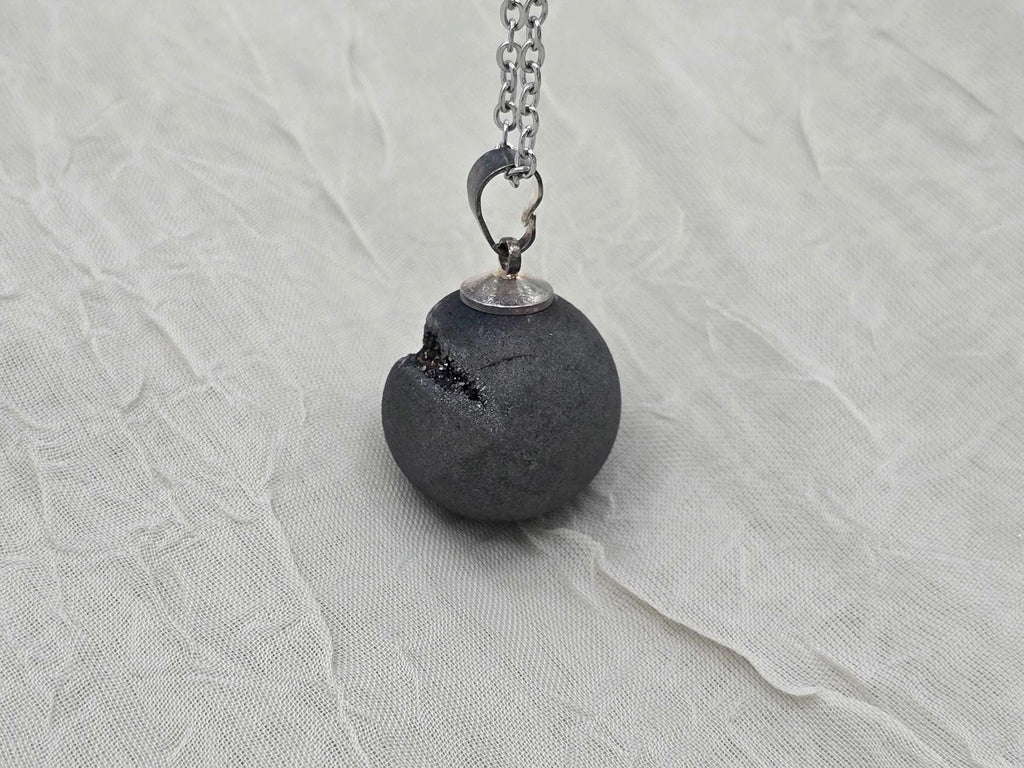 Black Druzy Geode Necklace, Gray Agate Jewelry, Black Diamond Crystal Quartz, Gift for Girlfriend or Wife, Stainless Steel
