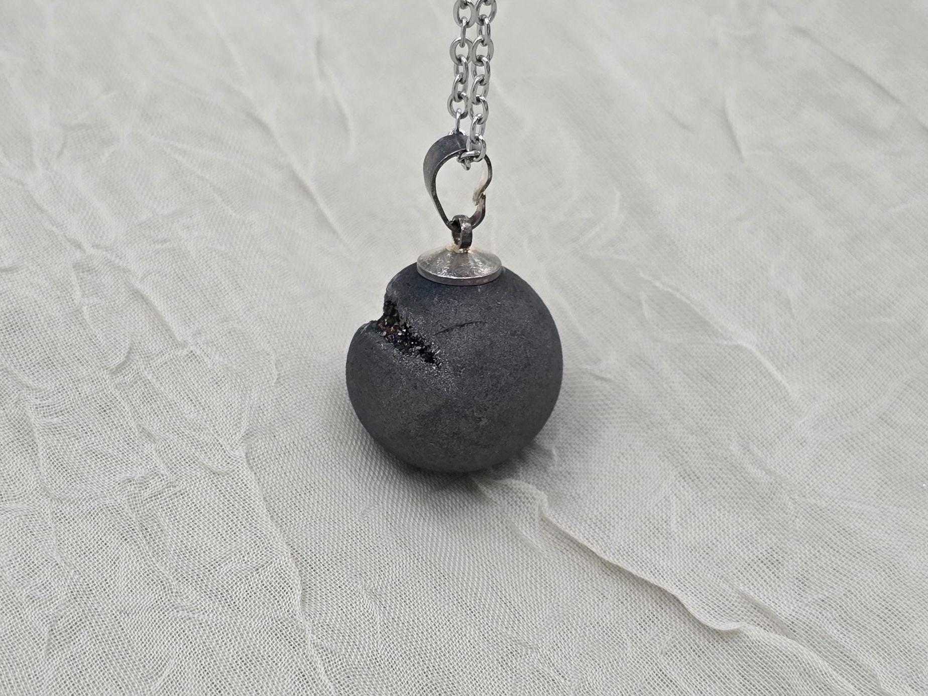 Black Druzy Geode Necklace, Gray Agate Jewelry, Black Diamond Crystal Quartz, Gift for Girlfriend or Wife, Stainless Steel