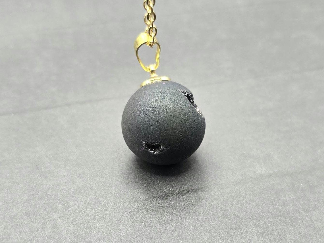 Black Onyx Necklace, Black Geode Druzy Necklace, Agate Diamond Crystal Jewelry, Natural Gemstone Quartz, Gift for Girlfriend Wife, 20" Gold