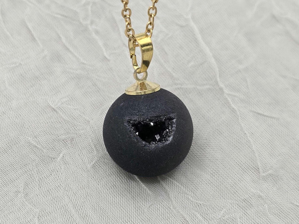 Black Onyx Necklace, Black Geode Druzy Necklace, Agate Diamond Crystal Jewelry, Natural Gemstone Quartz, Gift for Girlfriend Wife, 20" Gold
