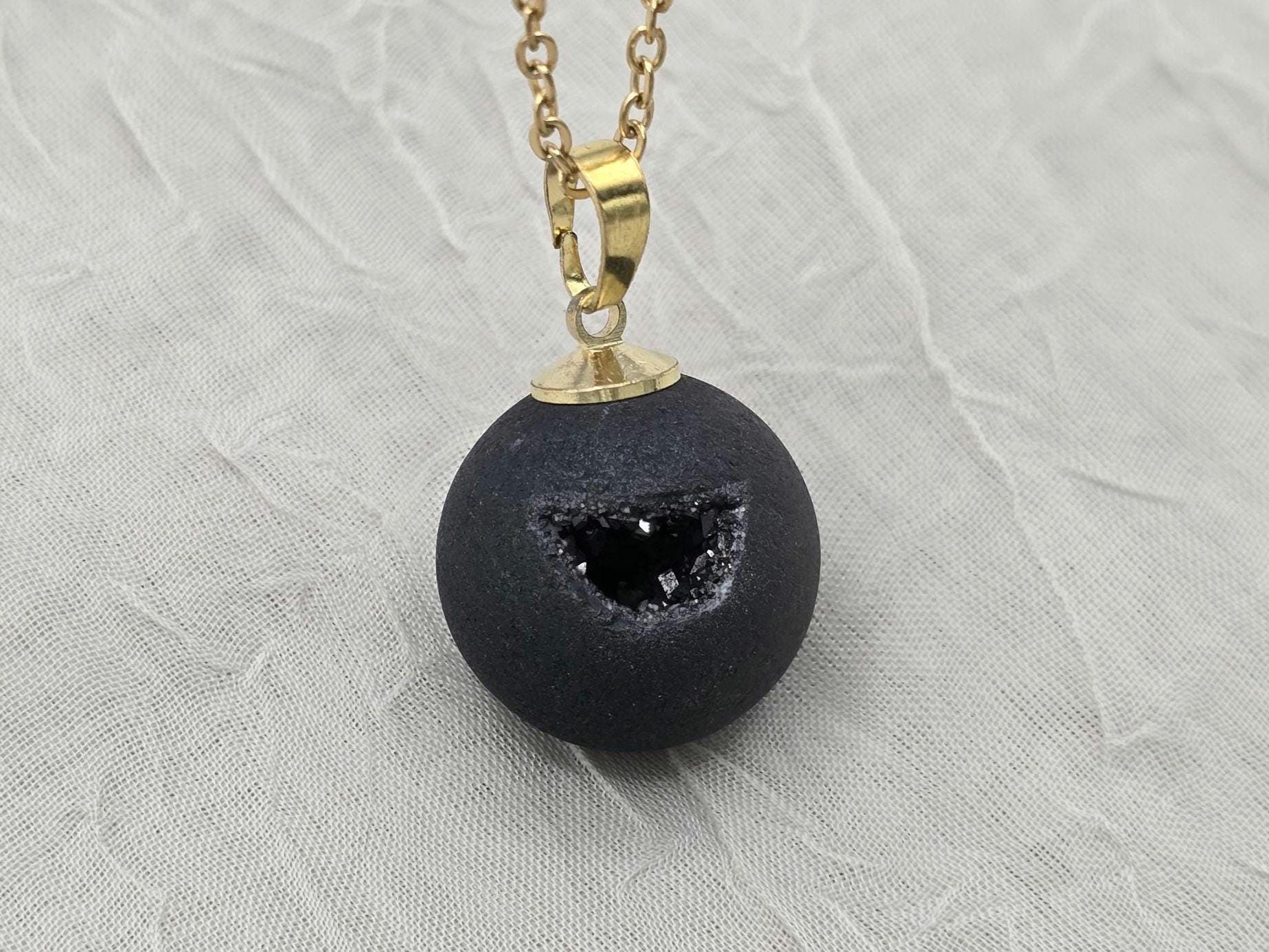 Black Onyx Necklace, Black Geode Druzy Necklace, Agate Diamond Crystal Jewelry, Natural Gemstone Quartz, Gift for Girlfriend Wife, 20" Gold