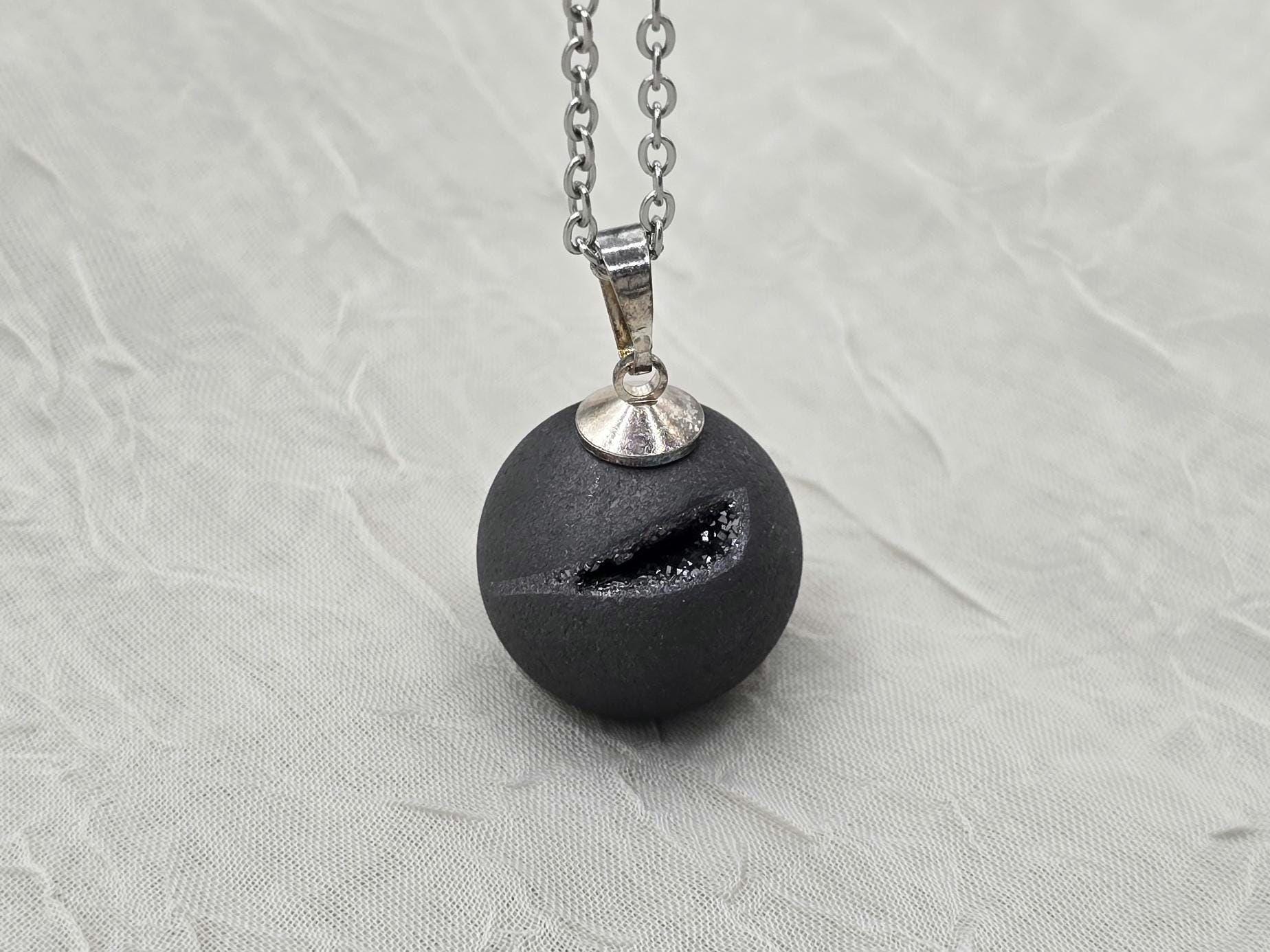 Black Geode Druzy Necklace, Gray Agate Jewelry, Diamond Crystal Gemstone, Quartz Gift for Girlfriend or Wife, 18" Stainless Steel