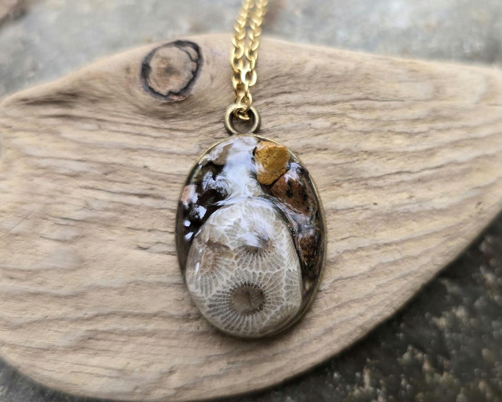 Petoskey Stone Antique Oval Necklace with Collection of Rocks from the Michigan Great Lakes