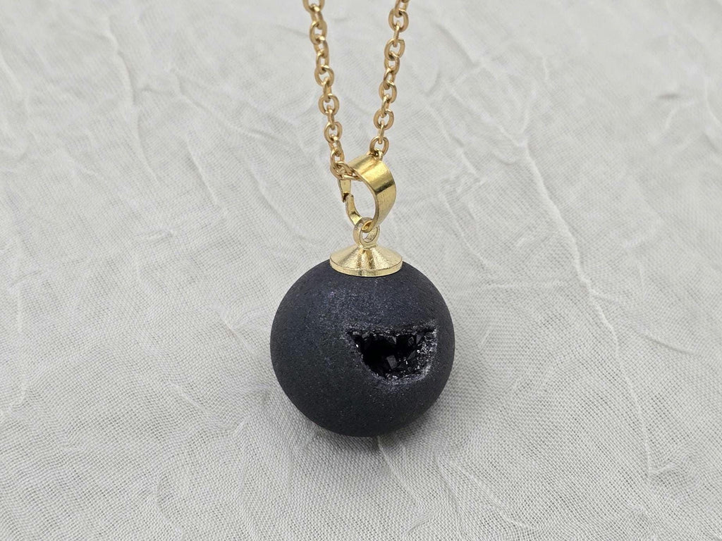 Black Onyx Necklace, Black Geode Druzy Necklace, Agate Diamond Crystal Jewelry, Natural Gemstone Quartz, Gift for Girlfriend Wife, 20" Gold