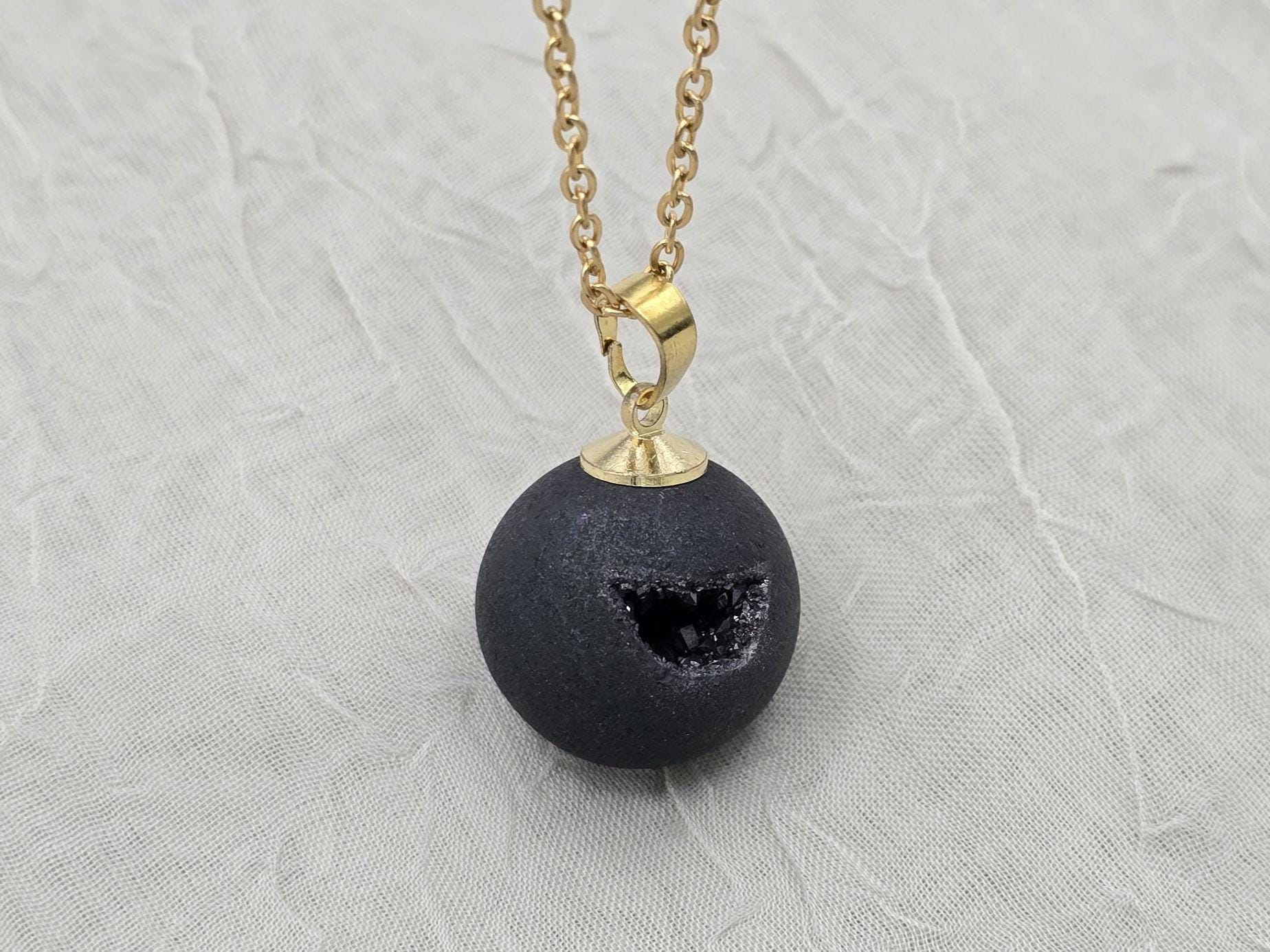 Black Onyx Necklace, Black Geode Druzy Necklace, Agate Diamond Crystal Jewelry, Natural Gemstone Quartz, Gift for Girlfriend Wife, 20" Gold