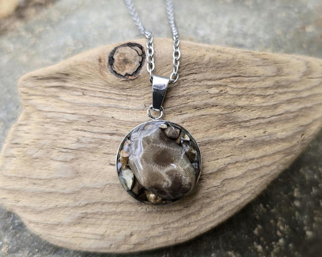 Petoskey Stone Circle Charm Necklace with Rocks from the Great Lakes