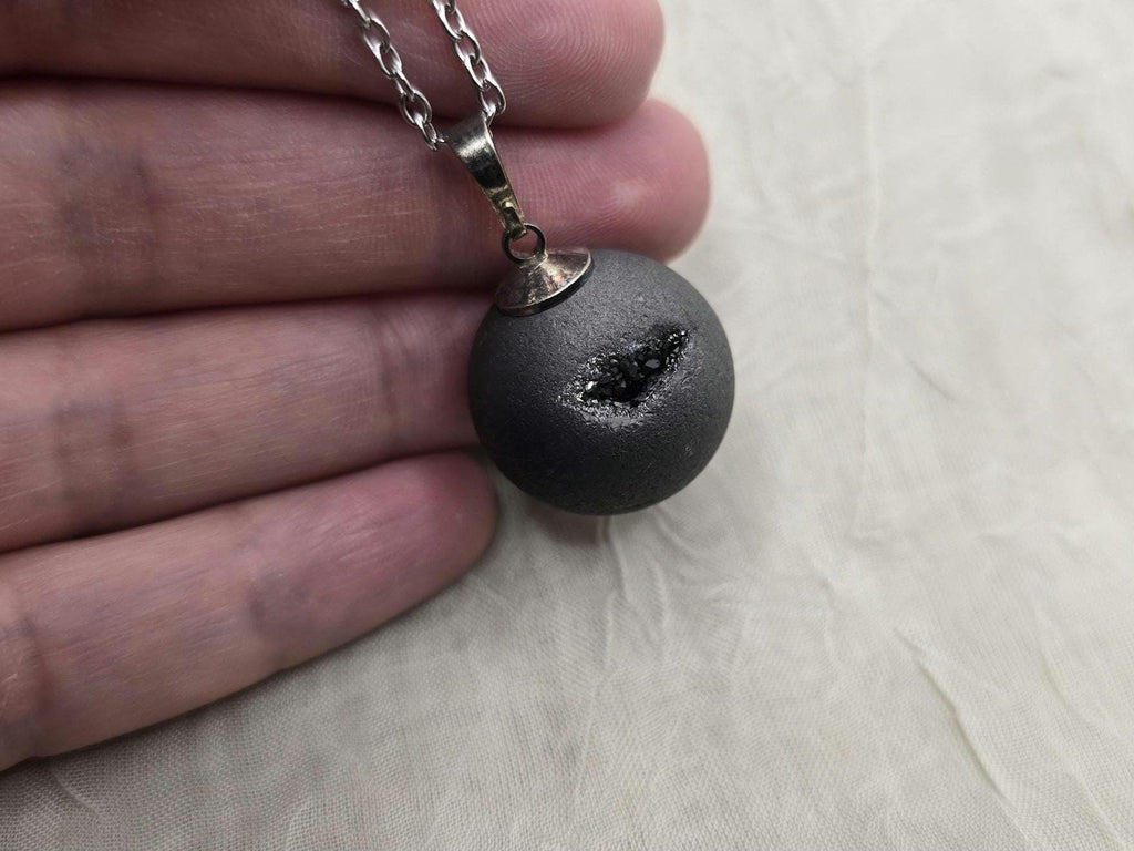 Black Geode Druzy Necklace, Gray Agate Jewelry, Black Diamond Crystal, Gemstone Quartz, Gift for Girlfriend or Wife, 18" Stainless Steel