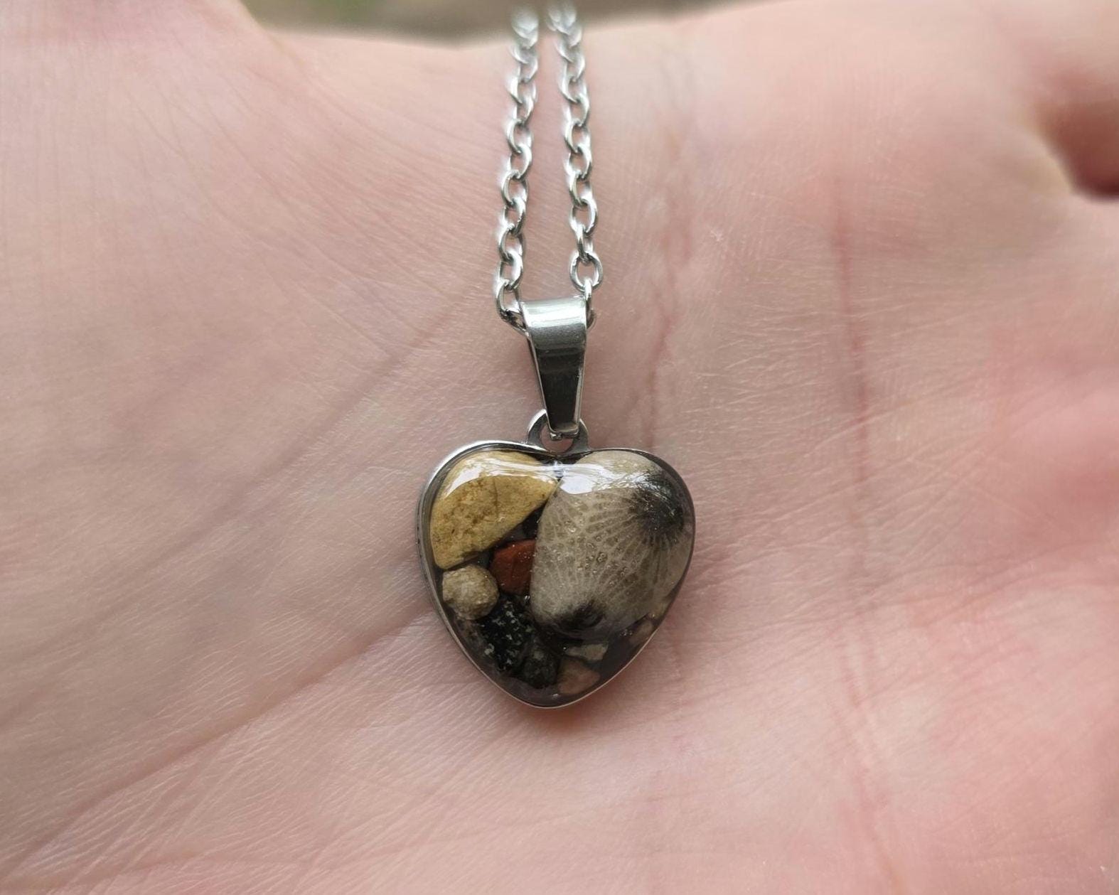Petoskey Stone Small Heart Fossil Necklace with Rocks from Michigan Great Lakes