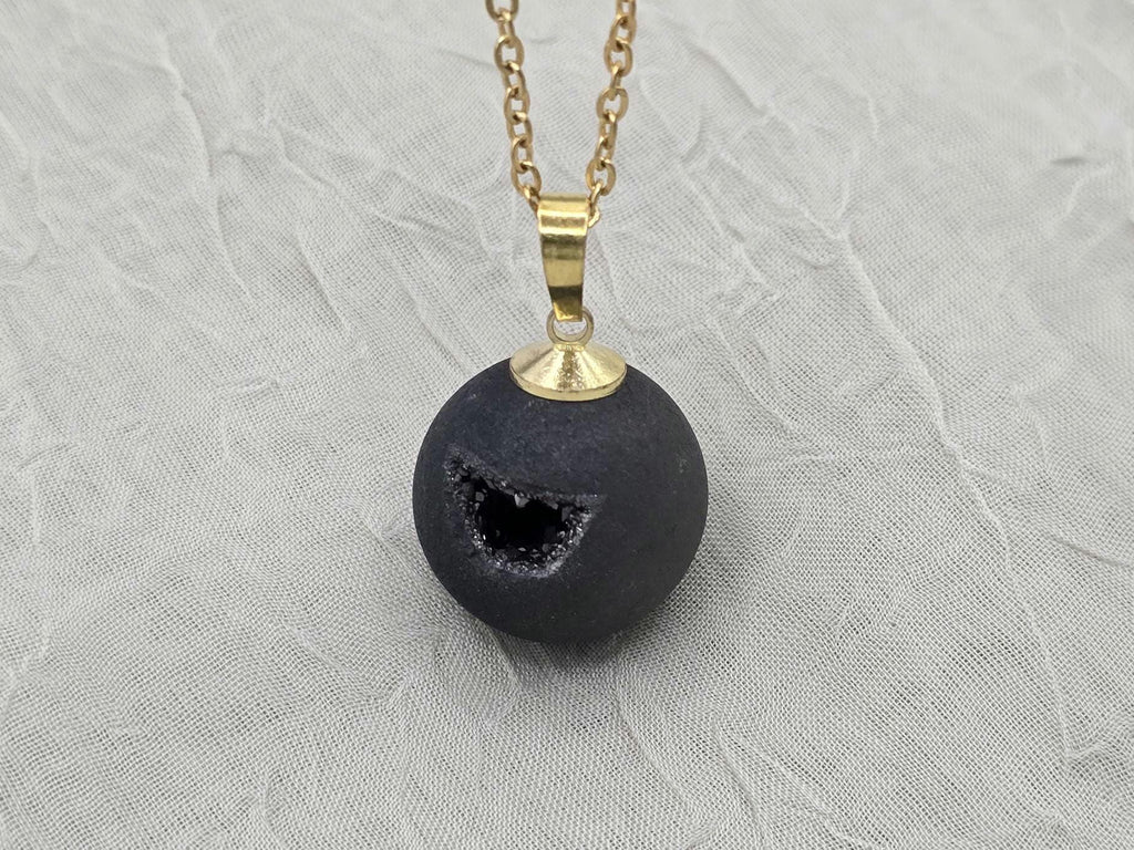 Black Onyx Necklace, Black Geode Druzy Necklace, Agate Diamond Crystal Jewelry, Natural Gemstone Quartz, Gift for Girlfriend Wife, 20" Gold