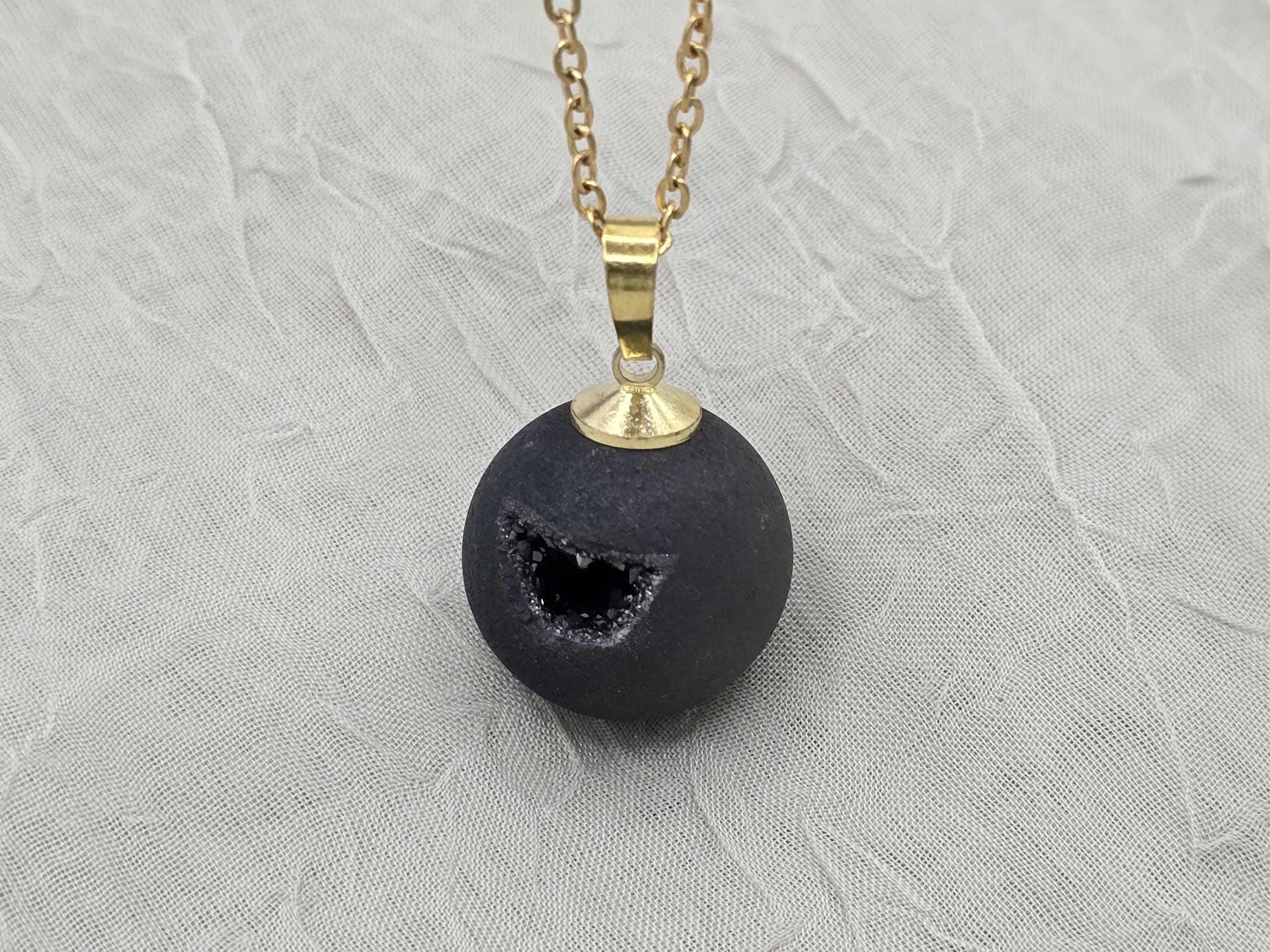 Black Onyx Necklace, Black Geode Druzy Necklace, Agate Diamond Crystal Jewelry, Natural Gemstone Quartz, Gift for Girlfriend Wife, 20" Gold