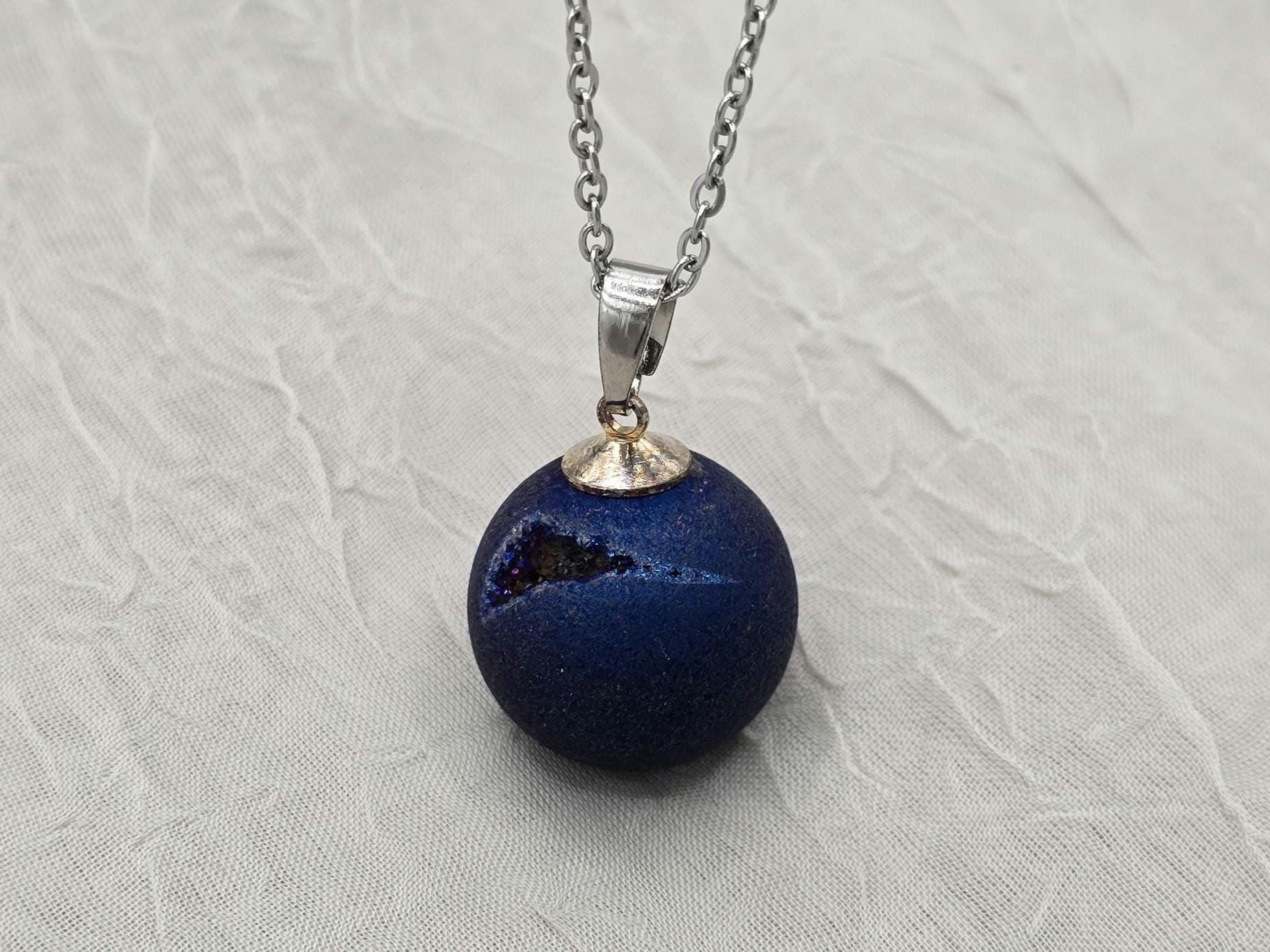 Sapphire Necklace Geode Necklace Druzy Necklace Blue Agate Diamond Crystal Gemstone Quartz Gift for Women Girlfriend Wife 18 Stainless Steel